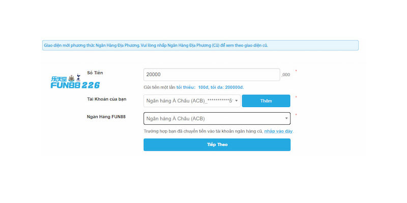 Thao tác nạp tiền FUN88 đơn giản